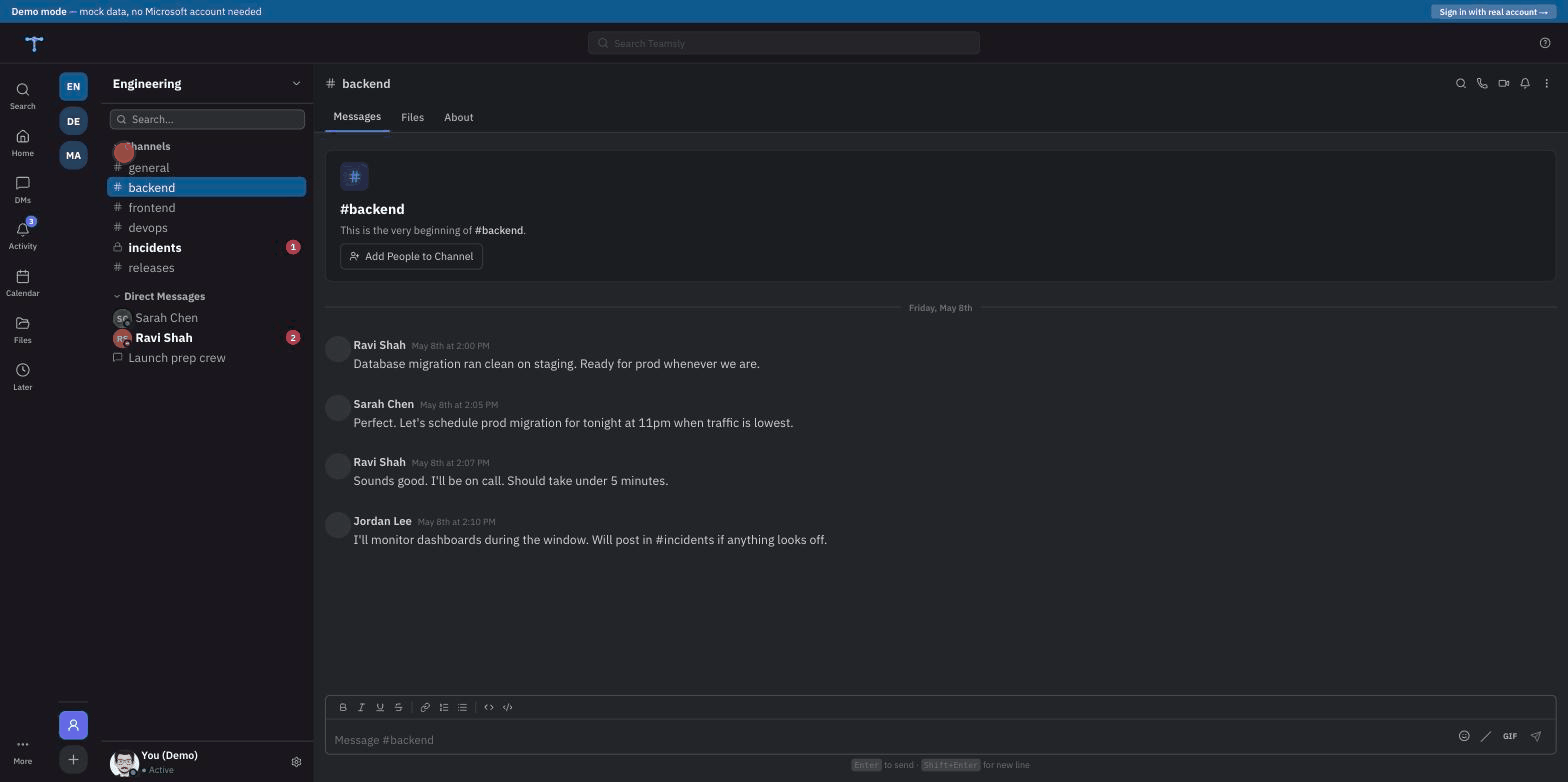 Teamsly demo — browse channels, Cmd+K jump-to, send a DM, all keyboard-first
