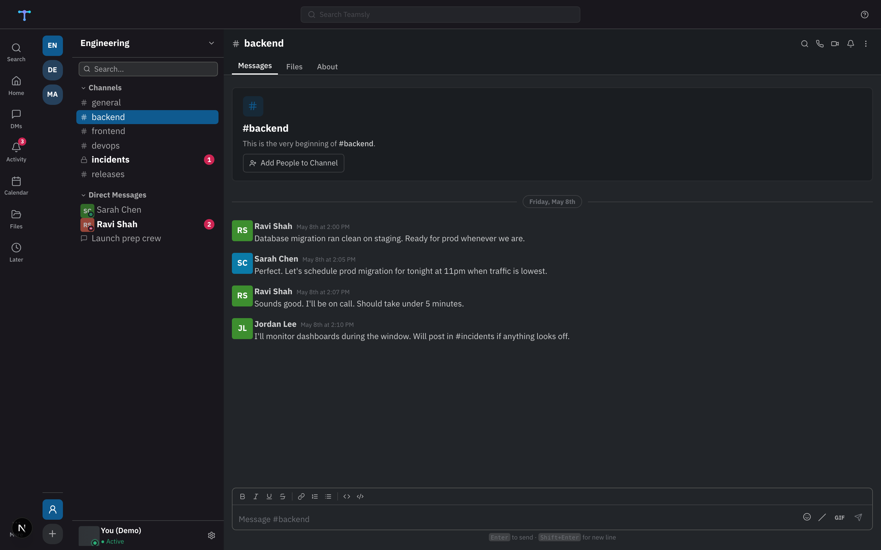 Teamsly workspace — channels, messages, and sidebar